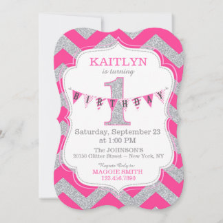 Pink Silver Glitter Sparkle First Birthday Invite Einladung