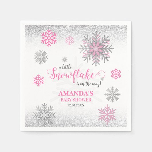 Pink Silver Glittery Snow Flake Winter Baby Shower Serviette (Vorderseite)