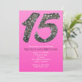 Pink & Silver Glitzer 15 Party Einladungen (Stehend Vorderseite)