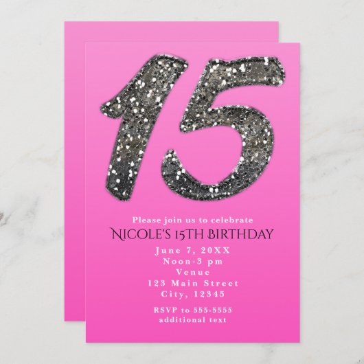 Pink & Silver Glitzer 15 Party Einladungen (Vorne/Hinten)