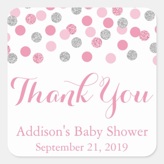 Pink & Silver Glitzer Babyduschkleber Quadratischer Aufkleber (Vorderseite)