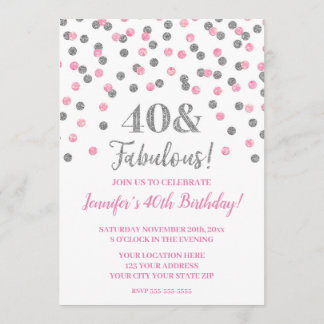 Pink Silver Glitzer Confetti 40 und fabelhaft Einladung
