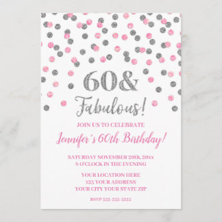 Pink Silver Glitzer Confetti 60 und fabelhaft Einladung