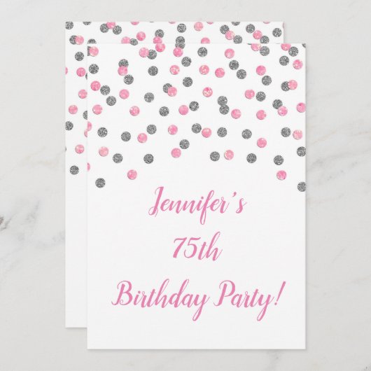 Pink Silver Glitzer Confetti jubelt auf 75 Jahre Einladung (Vorne/Hinten)