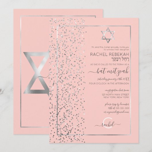Pink Silver Glitzer Confetti Side Bat Mitzvah Einladung (Vorne/Hinten)