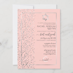 Pink Silver Glitzer Confetti Side Bat Mitzvah Einladung