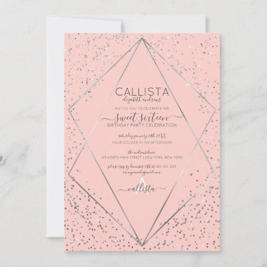 Pink Silver Glitzer Confetti Terrarium Sweet 16 Einladung (Vorderseite)