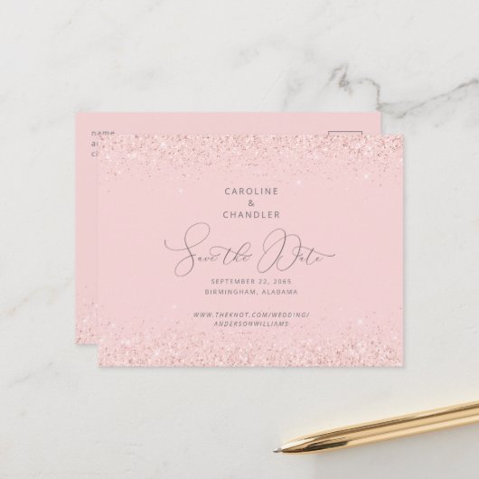 Pink & Silver Glitzer Hochzeit Speichern Sie das D Ankündigungspostkarte (Vorderseite/Rückseite Beispiel)