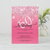 Pink Silver Glitzer Kalligrafie Geburtstag Einladung (Stehend Vorderseite)