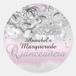 Pink Silver Glitzer-Maskenball-Quinceanera-Aufkleb Runder Aufkleber