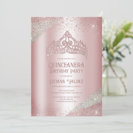 Pink Silver Glitzer Princess Tiara Quinceañera Einladung (Stehend Vorderseite)