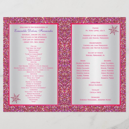Pink Silver Glitzer Snowflakes Quinceañera Program (Rückseite)