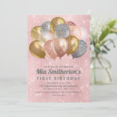 Pink Silver Gold Balloons Girl's 1. Geburtstag Einladung (Stehend Vorderseite)