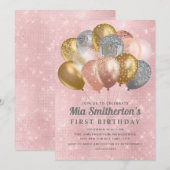 Pink Silver Gold Balloons Girl's 1. Geburtstag Einladung (Vorne/Hinten)