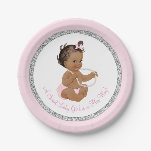 Pink Silver Gray Pearl Ethnic Girl Baby Dusche Pappteller (Vorderseite)