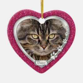 Pink Silver Heart Pet Cat Memorial Foto Weihnachte Keramik Ornament