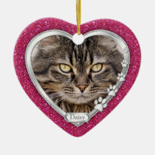Pink Silver Heart Pet Cat Memorial Foto Weihnachte Keramik Ornament