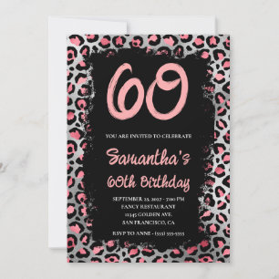 Pink Silver Leopard Painted Black 60. Geburtstag Einladung
