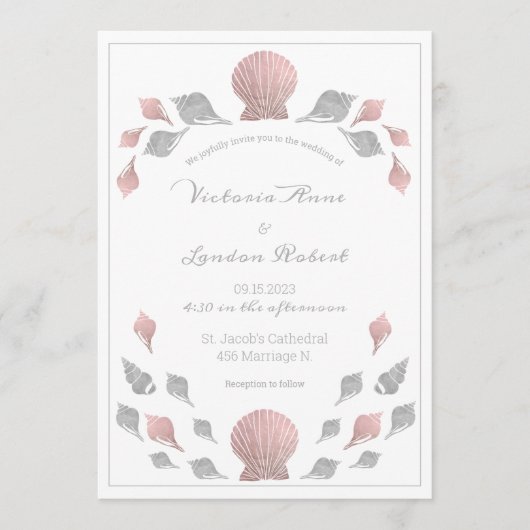 Pink Silver Metallic Seashells Beach Wedding Einladung (Vorderseite)