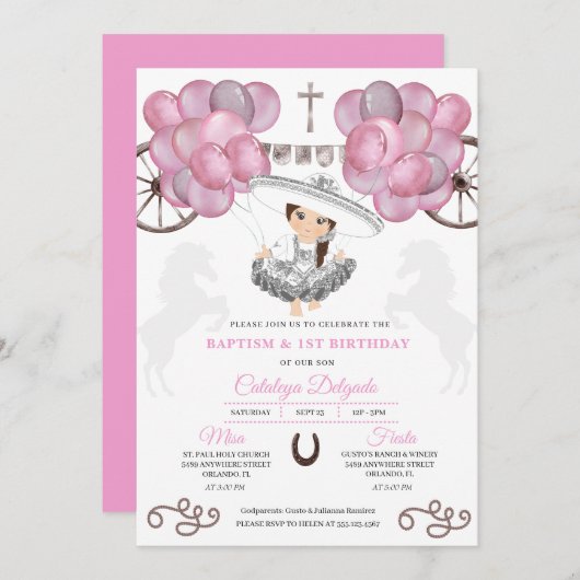 Pink Silver Mexican Baby Charra Balloons Taufe Einladung (Vorne/Hinten)