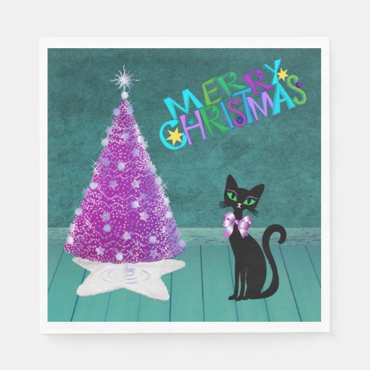 Pink Silver Mid Century Chistmas Tree Cat Teal Serviette (Vorderseite)