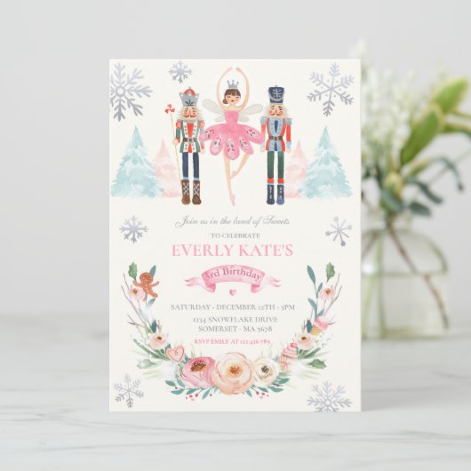 Pink & Silver Nutcracker Birthday Sugum Plum Fairy Einladung (Stehend Vorderseite)