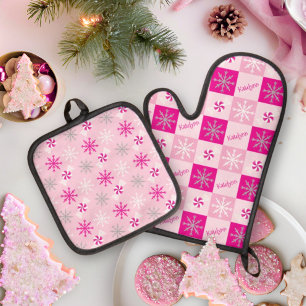 Pink & Silver Pfefferminze Schneeflocken Ihren Nam Ofenhandschuh & Topflappen-Set