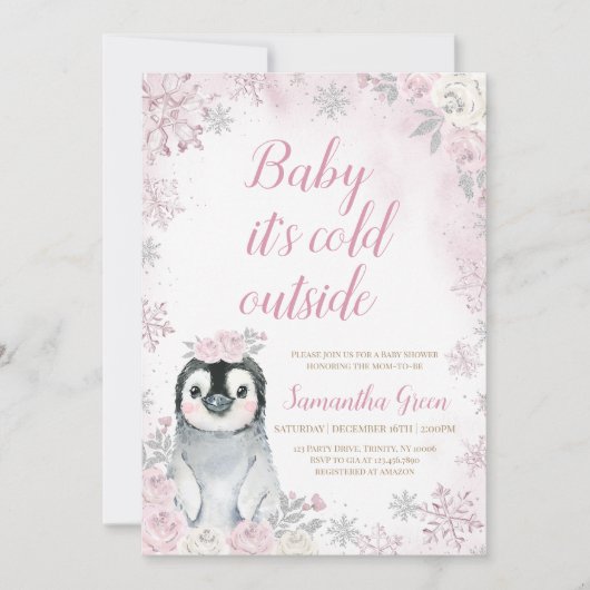 Pink Silver Pinguin Baby Dusche Einladung (Vorderseite)