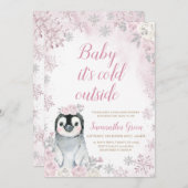 Pink Silver Pinguin Baby Dusche Einladung (Vorne/Hinten)