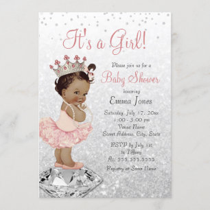 Pink Silver Princess African American Baby Shooter Einladung