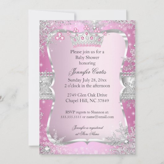 Pink Silver Princess Baby Dusche Brünett Girl Einladung (Rückseite)