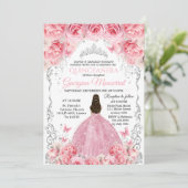 Pink Silver Quinceañera Einladung Blumendesign (Stehend Vorderseite)