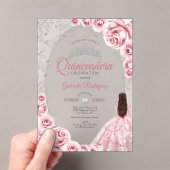 Pink Silver Quinceanera Floral Acryleinladungen (Insitu (Handheld))