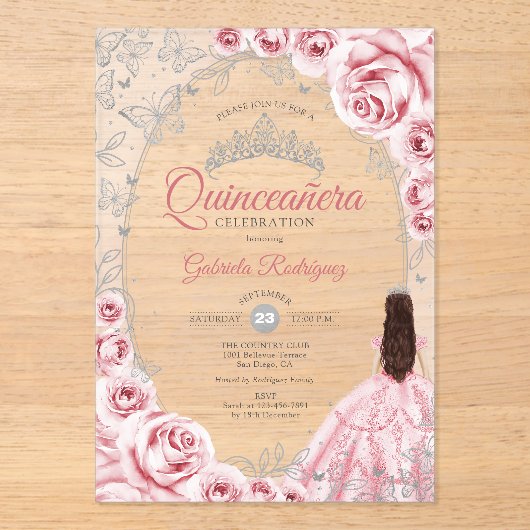 Pink Silver Quinceanera Floral Acryleinladungen (Vorderseite)