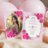 Pink Silver Quinceañera Flower 15th Birthday Photo Einladung