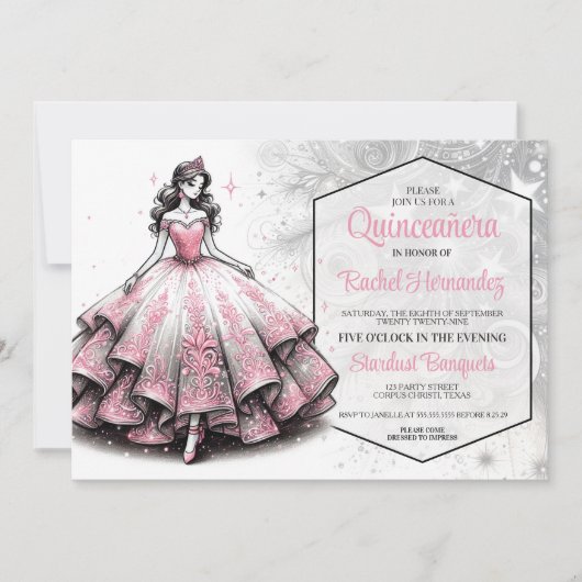 Pink & Silver Quinceañera Girl Einladung (Vorderseite)