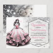 Pink & Silver Quinceañera Girl Einladung (Vorne/Hinten)