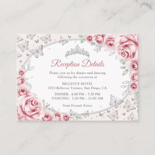 Pink Silver Quinceanera Reception Details Begleitkarte (Vorderseite)