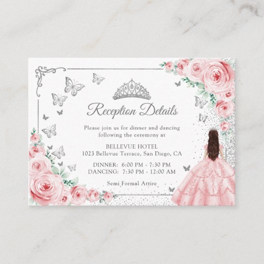 Pink Silver Quincenarea Reception Details Begleitkarte (Vorderseite)