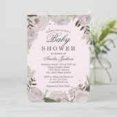 Pink Silver Rose Floral Baby Dusche Einladung (Stehend Vorderseite)