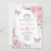 Pink Silver Roses Butterfly Quinceañera Birthday Einladung (Vorderseite)