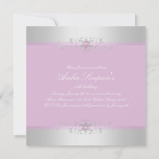Pink & Silver Snow Gem Quinceanera Einladung (Rückseite)