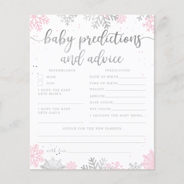 Pink Silver Snowflake Baby Predictions Karte (Vorderseite)