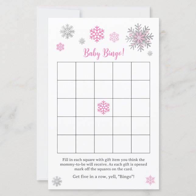 Pink Silver Snowflake Baby Shower Bingo Game  (Vorderseite)