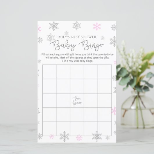 Pink Silver Snowflake Baby Showgame PRINZIERT (Stehend Vorderseite)