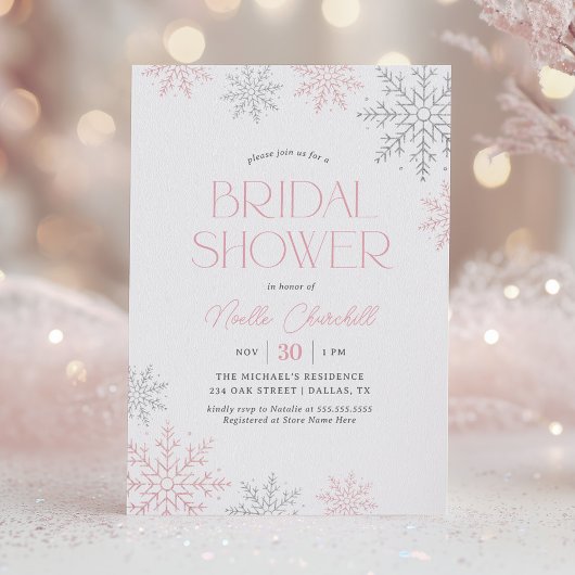 Pink Silver Snowflake Winter Bridal Shower Einladung