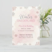 Pink Silver Snowflake Winter Girl First Birthday Einladung (Stehend Vorderseite)