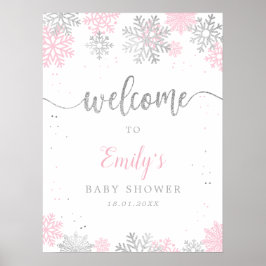 Pink Silver Snowflakes Girl Baby Dusche Willkommen Poster