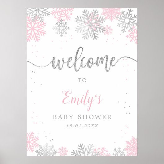 Pink Silver Snowflakes Girl Baby Dusche Willkommen Poster (Vorne)