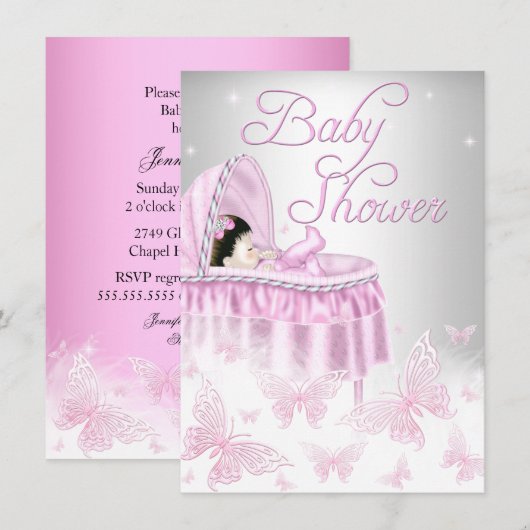 Pink & Silver Sparkle Butterfly Girl Babydusche Einladung (Vorne/Hinten)
